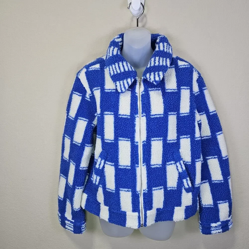 Mother Revolve Kickstand Jacket S Ice Cube Sherpa Coat Checkered Blue White Cozy - Picture 4 of 16